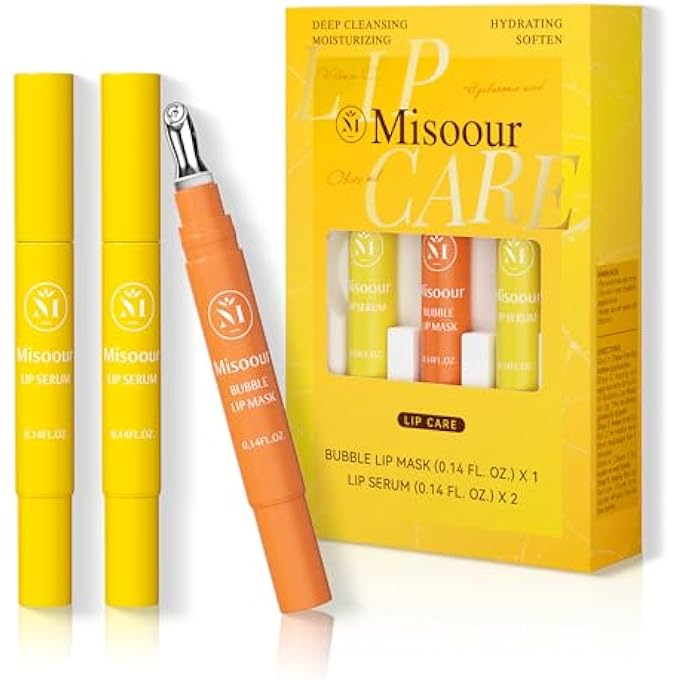 Misoour LIP SERUM & BUBBLE LIP MASK, WITH HYALURONIC ACID, VITAMIN C & SQUALANE PLUMPING LIP TREATMENT, NOURISHING OVERNIGHT LIP BALM, HYDRATING, EXFOLIATING LIP SCRUB ALTERNATIVE (0.14FL.OZ, 3-PIECE) - Image 1